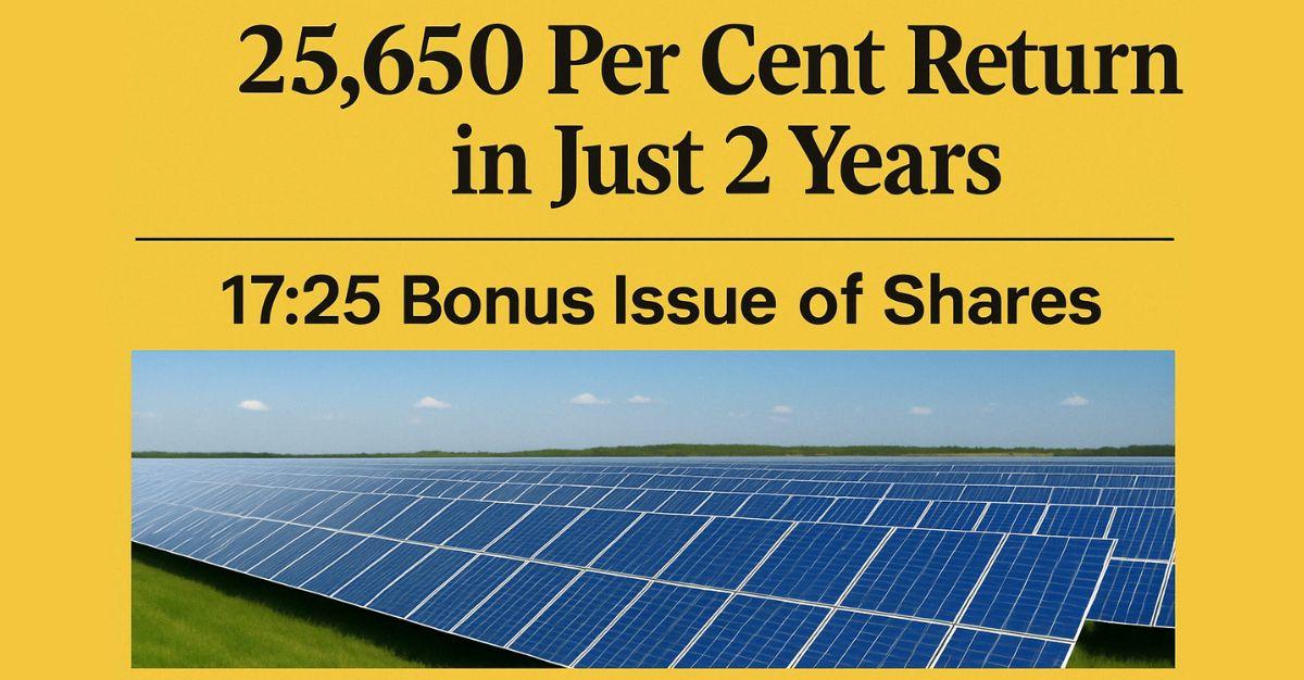 25,650 Per Cent Returns in Just 2 Years; Solar Company Announces 17:25 Bonus Issue of Shares