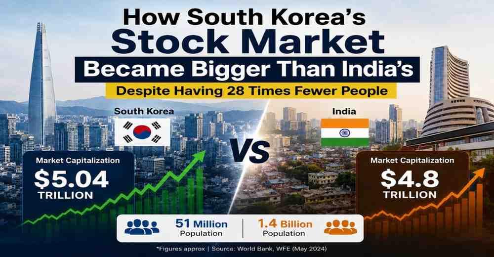 कैसे दक्षिण कोरिया का स्टॉक मार्केट भारत से बड़ा बन गया, जबकि उसकी जनसंख्या 28 गुना कम है।